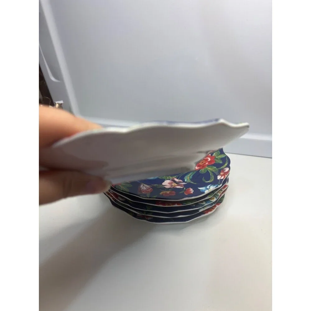 6 pc Pier 1 Peacock Luncheon Salad/dessert Plates 8.5” Floral Scalloped Edge